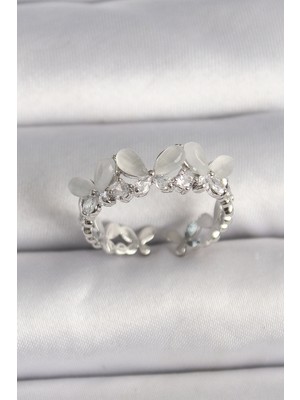 Marsilyan Pirinç Gümüş Renk Zirkon Taşlı Beyaz Mineli Model Ayarlanabilir Yüzük - TJ-BYK3530