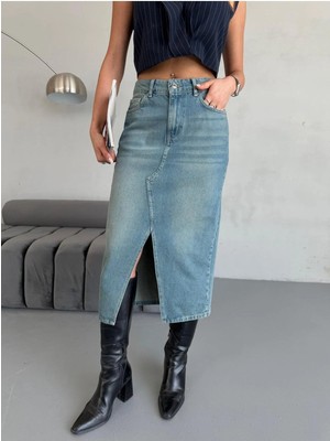 Zeo Basic Kadın Midi Boy Ön Yırtmaçlı Tint Mavi Kot Etek