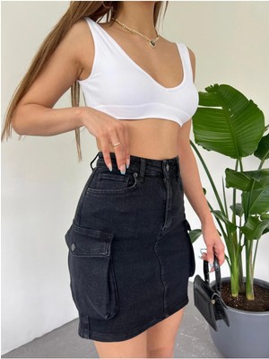 Zeo Basic Kargo Cep Detaylı Mini Denim Etek