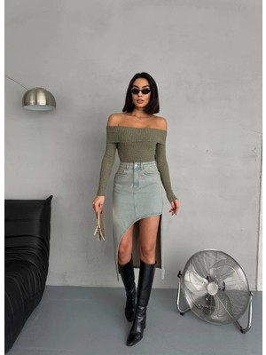 Zeo Basic Yan Yırtmaçlı Tint Maxı Denım Etek