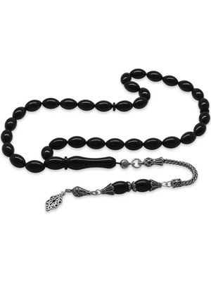 Tesbihane 925 Ayar Gümüş Püsküllü Arpa Kesim Siyah Sıkma Kehribar Tesbih