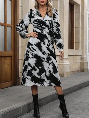 MiraLive Miray- Kadın Uzun Kollu Kruvaze Yakalı Yandan Bağlamalı Desenli Mini Modal Elbise