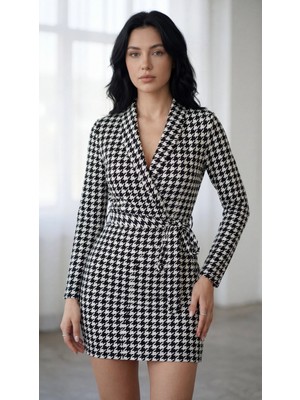 MiraLive Miray- Kadın Uzun Kollu Kruvaze Yaka Bağlamalı Kemer Dalgıç Mini Boy Elbise