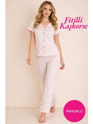 Bie's Kadın Pembe Çiçek Desenli Fiyonk Detay Kayık Yaka Düğmesiz Fitilli Kaşkorse Kumaş Pamuklu Kısa Kol Pijama Takımı