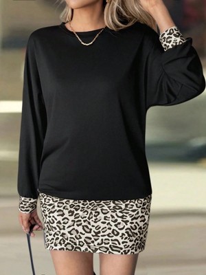 MiraLive Miray- Kadın Uzun Kollu Bisiklet Yaka Üst Viskon Iki Iplik Alt Leopar Desenli Mini Elbise