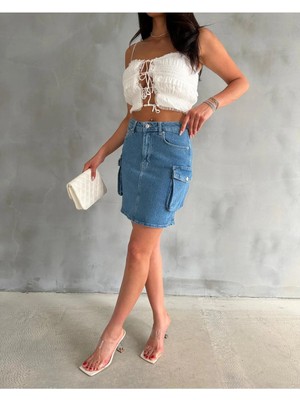 Zeo Basic Kargo Cep Detaylı Mini Denim Etek