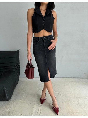 Zeo Basic Yırtmaçlı Midi Boy Likralı  Jean Etek