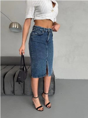 Zeo Basic Yırtmaçlı Midi Boy Likralı Jean Etek