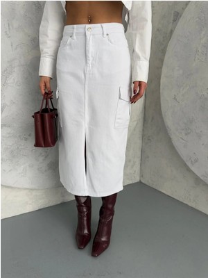 Zeo Basic Kargo Cepli Ön Yırtmaçlı  White Etek