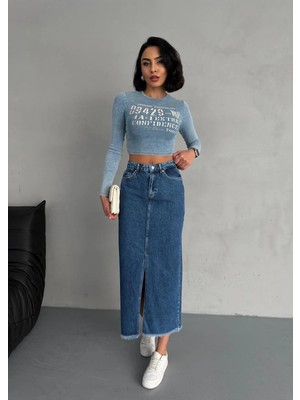 Zeo Basic Maxı Boy Koyu Mavi Denım Etek