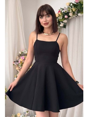 Zishan Fashion Kare Yaka Ince Askılı Mini Elbise - Kabarık Etekli Cocktail Parti Mezuniyet Elbisesi 077