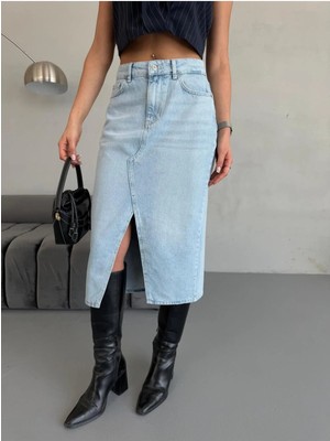 Zeo Basic Kadın Midi Boy Ön Yırtmaçlı Buz Mavi Kot Etek