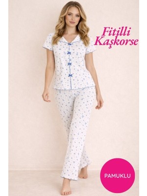 Bie's Kadın Mavi Çiçek Desenli Fiyonk Detay Kayık Yaka Düğmesiz Fitilli Kaşkorse Kumaş Pamuklu Kısa Kol Pijama Takımı