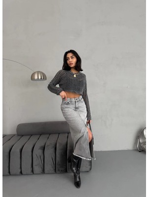 Zeo Basic Kadın Maxı Boy Ön Yırtmaç Detaylı Gri Kot Etek