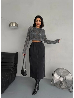 Zeo Basic Beli Lastikli Füme Maxı Denım Etek