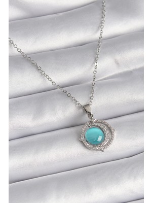 Erbilden Erb 316L Çelik Gümüş Renk Mavi Sedefli Hilal Model Kadın Kolye