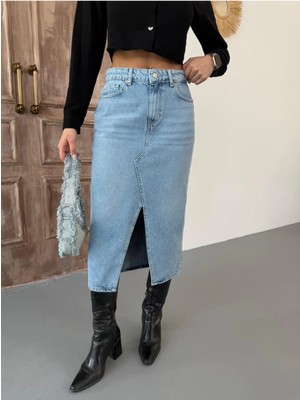 Zeo Basic Kadın Midi Boy Ön Yırtmaçlı Açık Mavi Kot Etek