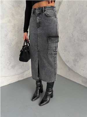 Zeo Basic Kargo Cepli Ön Yırtmaçlı Yıkamalı Denım Etek