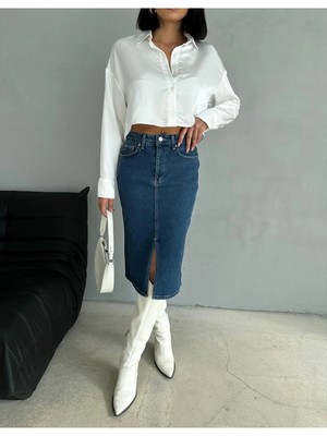 Zeo Basic Yırtmaçlı Midi Boy Likralı Jean Etek