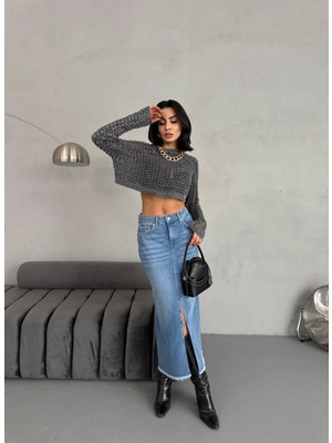 Zeo Basic Kadın Maxı Uzun Ön Yırtmaçlı Orta Mavi Kot Etek