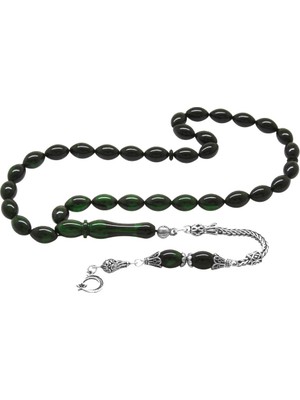 Tesbihane 925 Ayar Gümüş Püsküllü Arpa Kesim Süzme Yeşil-Siyah Ateş Kehribar Tesbih