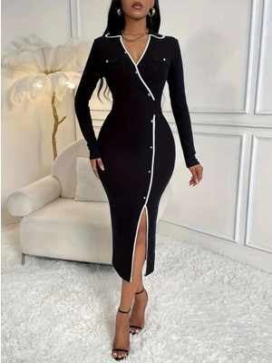 MiraLive Miray- Kadın Uzun Kollu Yakalı Cepli Düğmeli Yırtmaç Detaylı Modal Uzun Elbise