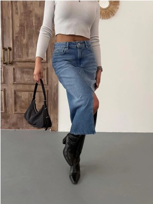 Zeo Basic Kadın Midi Boy Ön Yırtmaçlı Orta Mavi Kot Etek