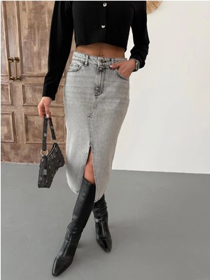 Zeo Basic Kadın Midi Boy Ön Yırtmaçlı Gri Kot Etek