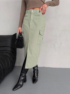 Zeo Basic Kargo Cepli Ön Yırtmaçlı Green Denım Etek