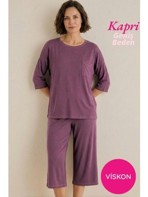 Seamlife Homewear Kadın Mürdüm Düğmesiz Geniş Yaka Göğüs Cepli Viskon Kısa Kol Kapri Pijama Takımı-Anne Kalıp Fakir Kol Bermuda