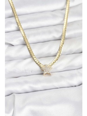 Marsilyan Gold Renk Pirinç Yıldız Zirkon Taşlı Kadın Kolye - TJ-BKO10793