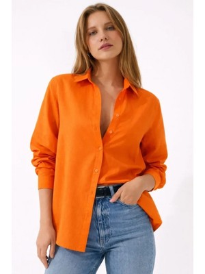 MiraLive Miray- Uzun Kollu Gömlek Düğmeli Klasik Yaka Günlük ve Ofis Şıklığına Uygun - Turuncu
