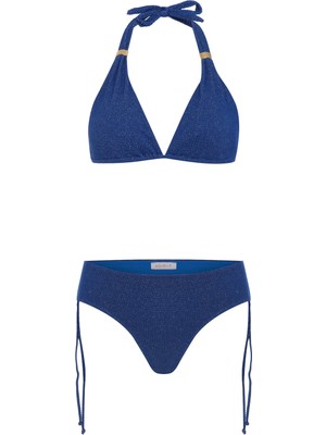 Aquella Gümüş Simli Dokulu Saks Mavi Uzun Üçgen Bikini Takım