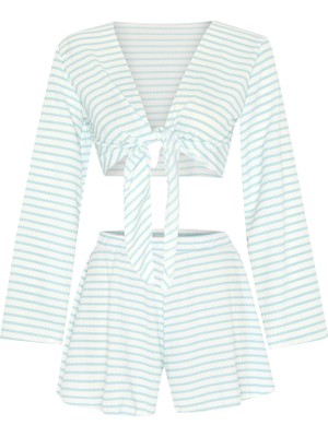 Aquella Yeşil Çizgili Crop-Top Şort Takım