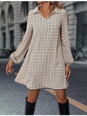 MiraLive Miray- Kadın Uzun Kollu Yakalı Desenli Mini Modal Elbise