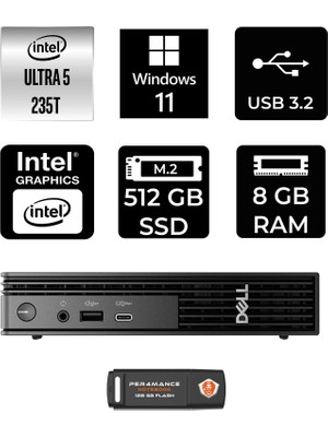 Dell Pro Micro QCM1250 Intel Core Ultra 5 235T 8gb 512GB SSD W11H Mini Masaüstü Bilgisayar & Per4 USB Bellek QCM1250BTO106P337