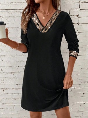 MiraLive Miray- Kadın Uzun Kollu V Yakalı Pulpayet Detaylı Mini Ithal Krep Elbise