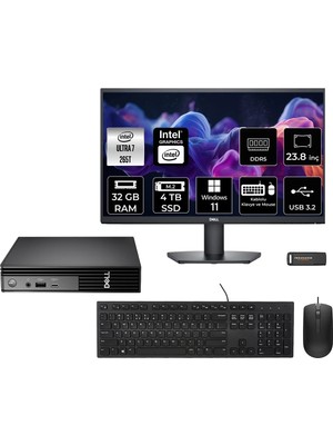 Dell Pro Micro QCM1250 Intel Core Ultra 7 265T 32GB 4tb SSD 23.8" Fhd Monitör W11H Mini Masaüstü Bilgisayar & Per4 USB Bellek QCM1250BTO107P460