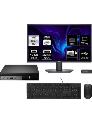 Dell Pro Micro QCM1250 Intel Core Ultra 7 265T 40GB 512GB SSD 27" Fhd Monitör Fdos Mini Masaüstü Bilgisayar & Per4 USB Bellek QCM1250BTO107P533