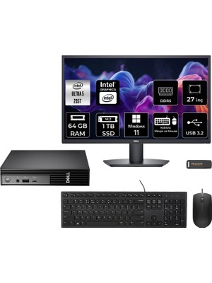 Dell Pro Micro QCM1250 Intel Core Ultra 5 235T 64GB 1tb SSD 27" Fhd Monitör W11P Mini Masaüstü Bilgisayar & Per4 USB Bellek QCM1250BTO106P614