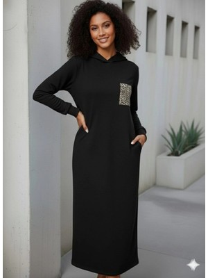 MiraLive Miray- Kadın Uzun Kollu Kapşonlu Cep Detaylı Viskon Iki Iplik Maxi Elbise