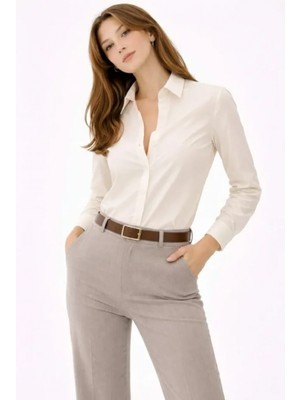 MiraLive Miray- Uzun Kollu Gömlek Düğmeli Klasik Yaka Günlük ve Ofis Şıklığına Uygun - Krem