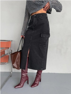 Zeo Basic Kargo Cepli Ön Yırtmaçlı Füme Denım Etek