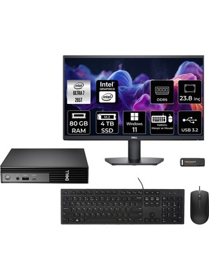 Dell Pro Micro QCM1250 Intel Core Ultra 7 265T 80GB 4tb SSD 23.8" Fhd Monitör W11H Mini Masaüstü Bilgisayar & Per4 USB Bellek QCM1250BTO107P476