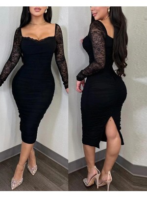 MiraLive Miray- Kadın Uzun Kollu Dantelli Büzgü Detaylı Yırtmaçlı Midi Sandy Elbise