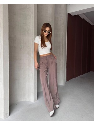 Kadın Beli Lastikli Çımalı Tensel Kumaş Ispanyol Paça Pantolon