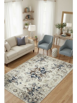 The Reef Design Vintage Bej Lacivert Klasik Madalyon Desenli Dijital Baskılı Kaymaz Tabanlı Yıkanabilir Salon Halısı