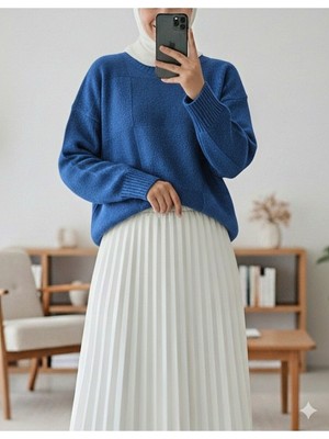 Modamorfo Kare Desenli Yuvarlak Yaka Yumoş Kazak -Saks