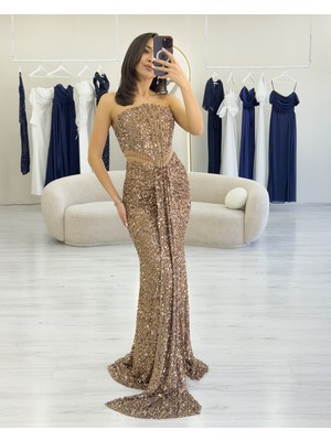 Zks Grup Tekstil-Kadın Straplez Bel Dekolteli Pul Payet Abiye Elbise Saks, Lacivert, Pudra, Siyah, Gümüş, Gold