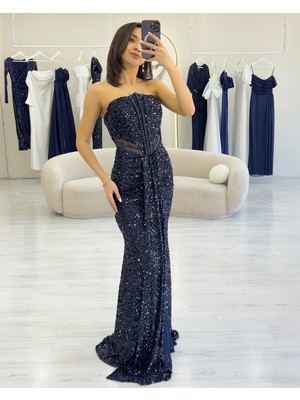 Zks Grup Tekstil-Kadın Straplez Bel Dekolteli Pul Payet Abiye Elbise Saks, Lacivert, Pudra, Siyah, Gümüş, Gold